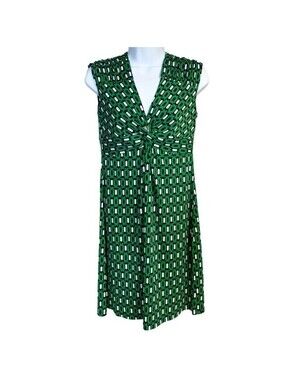 Kiara Geometric Print Dress Womens S Green V-Neck Twist Knot Mod Retro Stretch